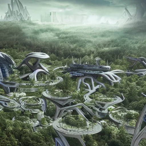 Image similar to future city covered by forest creature, trees, plant, broken buildings, doom of the gods, monster, gravity mess, star trek, glory war, photograph, cinematic matte painting, zaha hadid building, photo realism, desolate glacial landscape