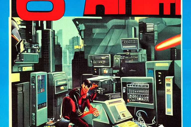 Image similar to 1979 OMNI Magazine Cover depicting a man hooked up to large computer banks. Cyberpunk Akira style by Vincent Di Fate