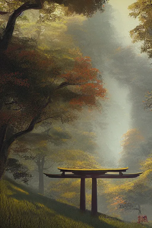 Prompt: Japanese Torii in a moutain with trees ,morning , by Grzegorz Rutkowski, concept art