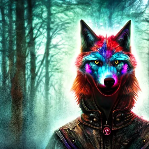 Prompt: dystopian dnd character, psychedelic spirit wolf, who has iridescent colored eyes, hyper realistic, made by and seb mckinnon. hyperrealism, dslr photography 8 k dop dof by laura zalenga. red and blue diffused lighting, fantasy expanse landscape in the style of john avon. 8 k dop dof
