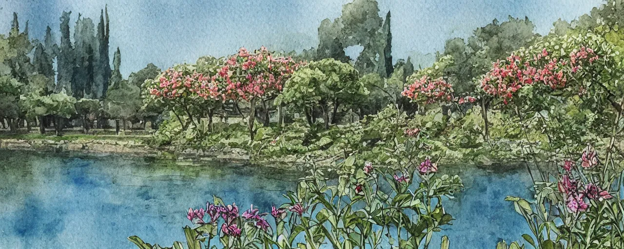 Image similar to isomeric view, delicate lake in a botanic garden, stony road, on a botanical herbarium paper, watercolor colored painting, iridescent colors, 8 k, realistic shaded, fine details, artstation, italian style, colonnade, vines, flowers, gardena architecture, pompeii