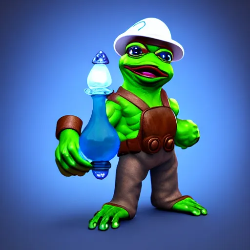 Image similar to pepe the miner with blue crystal, artstation, 3 d render, intricate, muscles