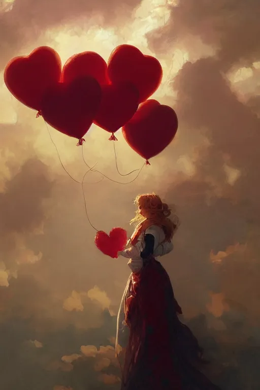 Prompt: a portrait of a fluffy heart shaped red balloon floating in heaven, fantasy, high detail, cinematic lighting, concept art, digital art, illustration, smooth, sharp focus, greg rutkowski, alphonse mucha, loish, wlop, trending on artstation