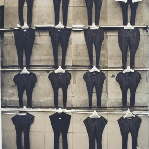 Image similar to wide-shot low-angle photo of empty!!! animated clothes (((heads))) at the street in New York, polaroid photo, by Andy Warhol, signed