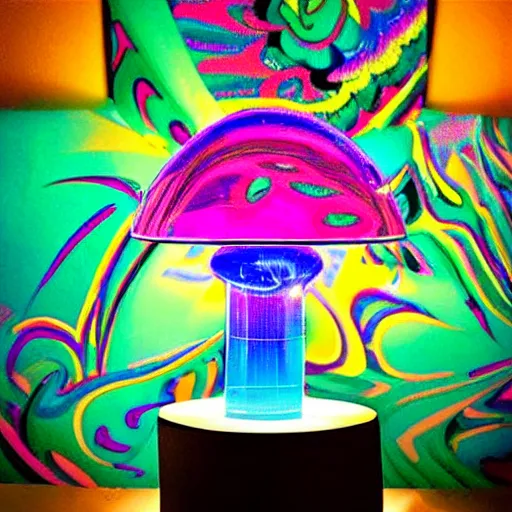 Prompt: “lamp inspired by lisa frank, ultra detailed, exquisite, colorful glass”