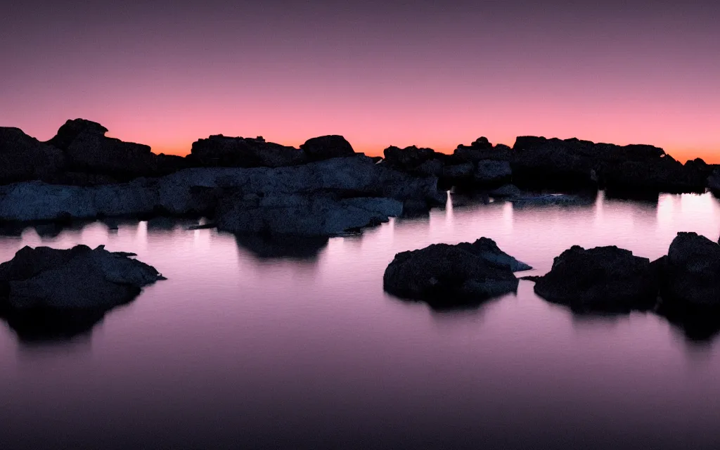 Prompt: bioluminescent - hour sunset photo in the paradigm sewerscapes, a dark cavernous liminal space with calm pools of reflective blackwater, 8 k photoengine