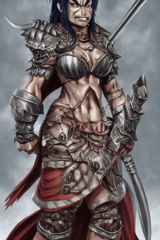 Prompt: portrait of a female orc warrior in Yusuke Murata style, D&D, dungeons and dragons, anime, manga, rpg, jrpg, pixiv, trending on artstation, HD