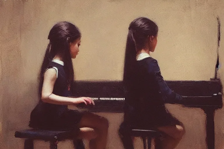 Image similar to “ little girl, pigtails hairstyle, practicing at the piano, jeremy lipking, casey baugh ”