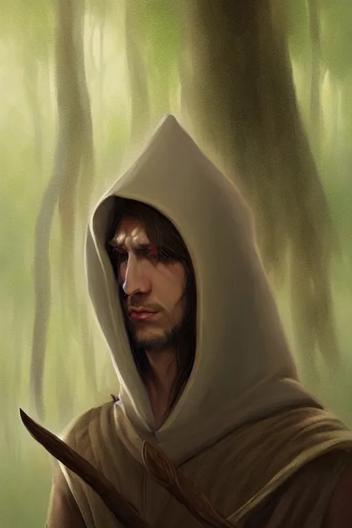 Image similar to beautiful, digital art, portrait painting of a male elf wizard, wearing linen hooded cloth. forest background. artstation, by bartek fedyczak, erak note, tooth wu, neil richards, kan liu, siwoo kim, jisu choe