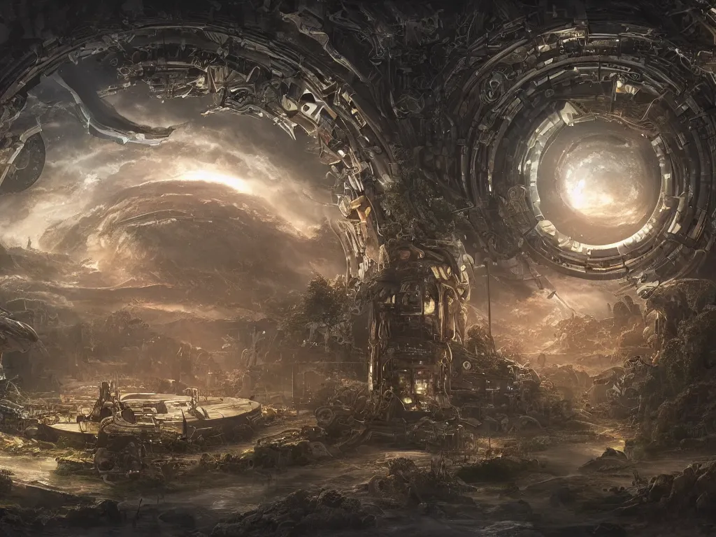 Image similar to an intricate matte painting of an epic battle between nature and technology at the center is a circular glowing biomechanical portal made of mechanical and electrical parts