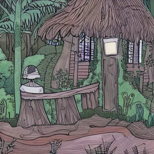 Image similar to A cartoon illustration of an overgrown house in a lush forest, detailed, depth