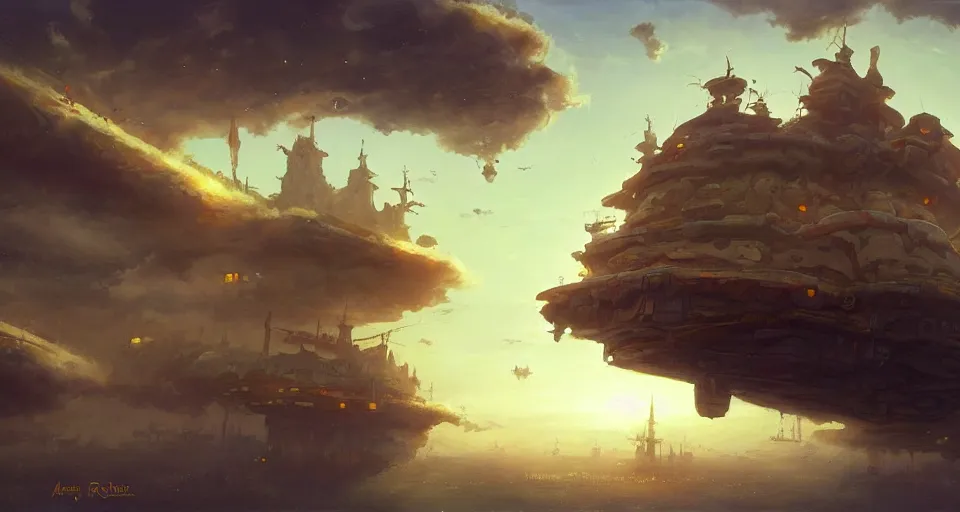 Prompt: landscape an floating town in the sky and an sky - ship flying towards it andreas rocha