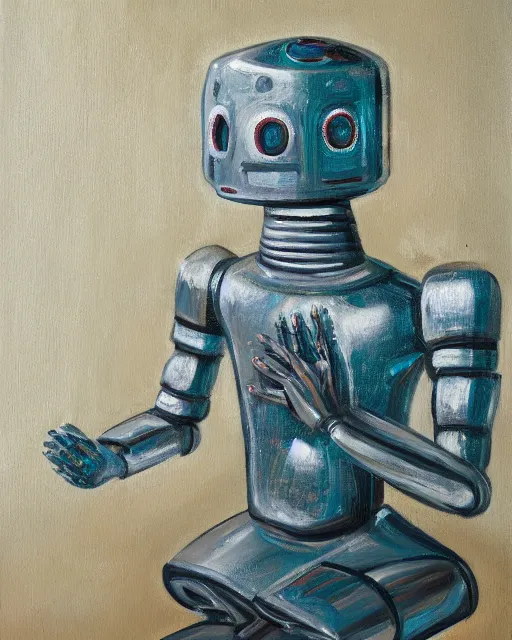 Image similar to a robot praying in the mosque, oil painting, 8 k