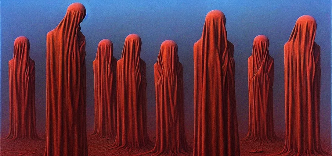 Image similar to dystopian surreal painting aliens in shrouds praying to a single eerie head statue surrounded by uneven buildings, artstyle by zdzisław beksinski