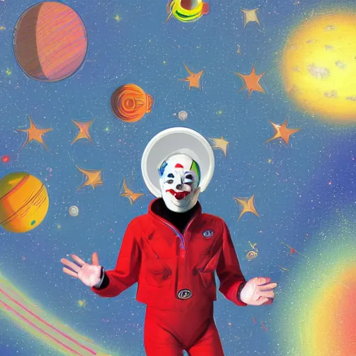 Image similar to techno - capitalist clown wearing space suit flying away in realistic space environs, digital art