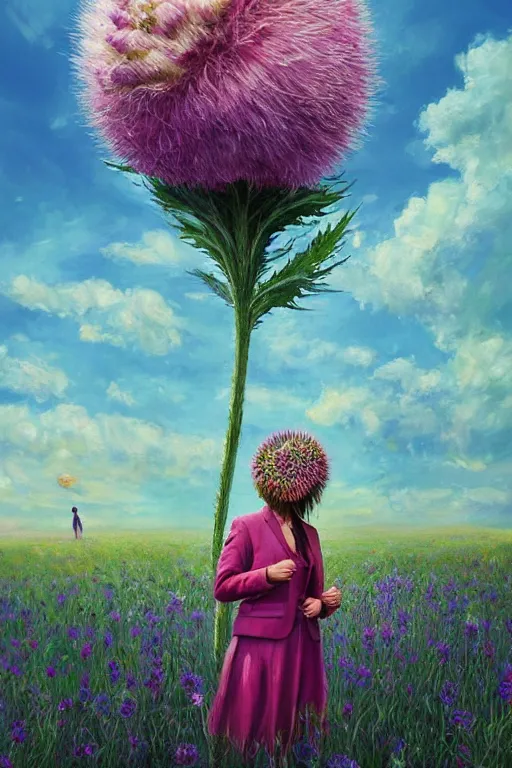 Image similar to portrait, enormous thistle flower under the head, a girl in a suit in field of flowers, surreal photography, sunrise, blue sky, dramatic light, impressionist painting, digital painting, artstation, simon stalenhag