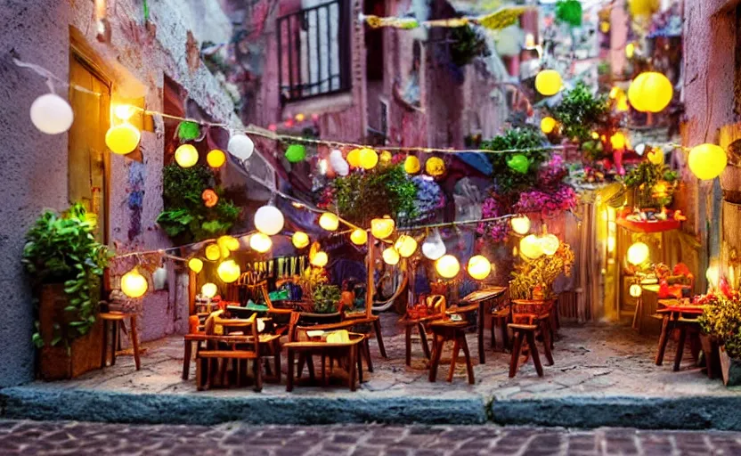 Image similar to mini cafe diorama macro photography, alleyway, cafe for felted animals, ambient, colorful paper lanterns, atmospheric photograph, romantic
