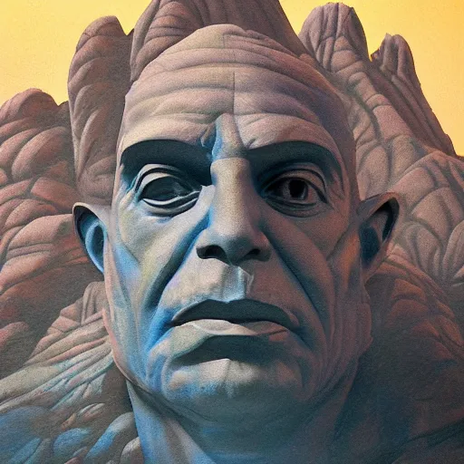 Image similar to highly detailed professional landscape painting of alien bust carved into the mountains in the style of mount rushmore, trending on artstation, ultra detail, atmospheric lighting, sci - fi, futuristic, cyberpunk