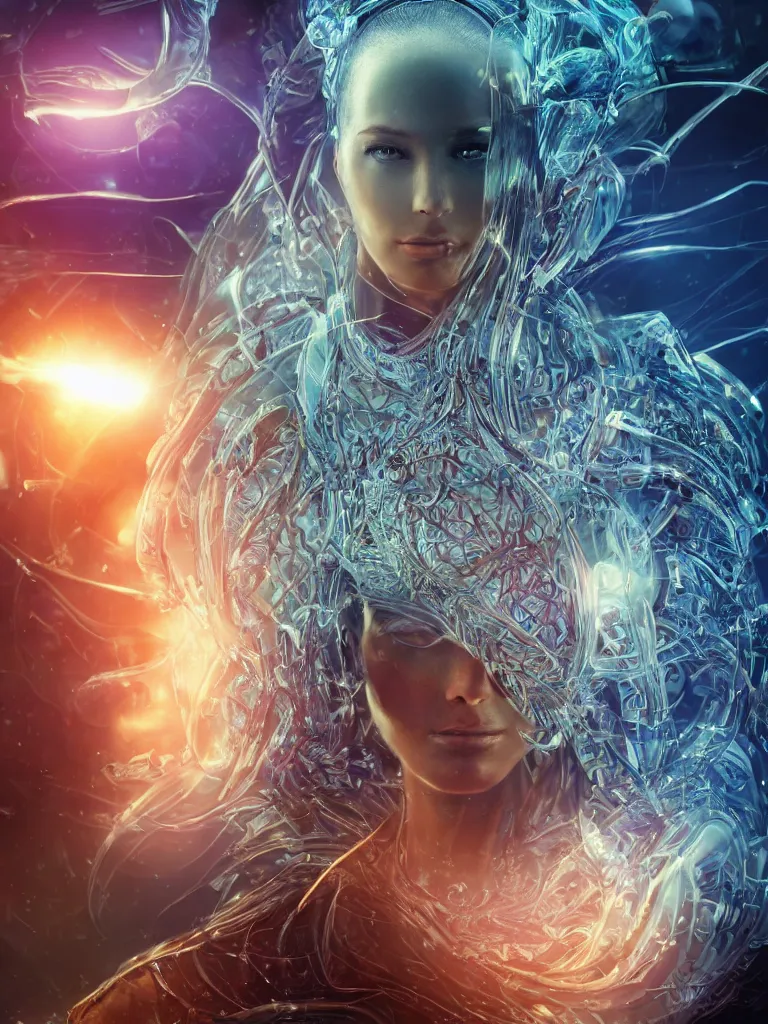 Prompt: epic futuristic close-up macro portrait of the face of a beautiful queen, epic angle and pose, symmetrical artwork, 3d with depth of field, blurred background, cybernetic jellyfish crystal, obsidian, female face skull phoenix bird, translucent, nautilus, energy flows of water and fire. a highly detailed epic cinematic concept art CG render , made in Maya, Blender and Photoshop, octane render, excellent composition, cinematic dystopian brutalist atmosphere, dynamic dramatic cinematic lighting, aesthetic, very inspirational, arthouse, by Greg Rutkowski, Ilya Kuvshinov, WLOP, Stanley Artgerm Lau, Ruan Jia and Fenghua Zhong.