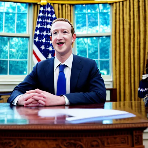 Prompt: Mark Zuckerberg the president of the united states sitting in the oval office, closeup, EOS-1D, f/1.4, ISO 200, 1/160s, 8K, RAW, unedited, symmetrical balance, in-frame, Photoshop, Nvidia, Topaz AI