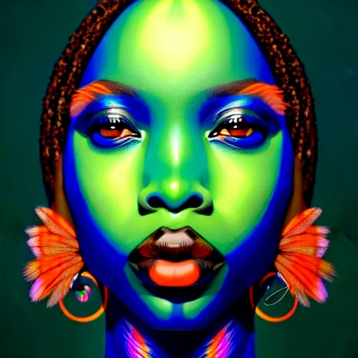 Image similar to centered chiaroscuro girlboss portrait of african goddess of nature, symmetrical face, iridescent feathers 3 d subsurface scattering, character concept art in hues of blue - green and red - orange, by artgerm