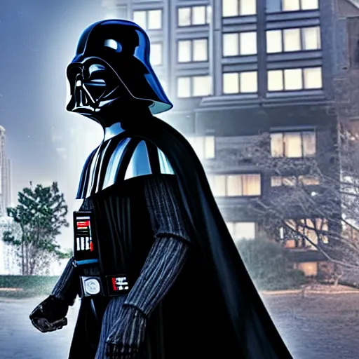 Prompt: darth vader is walking up to a chicago bungalow at night.