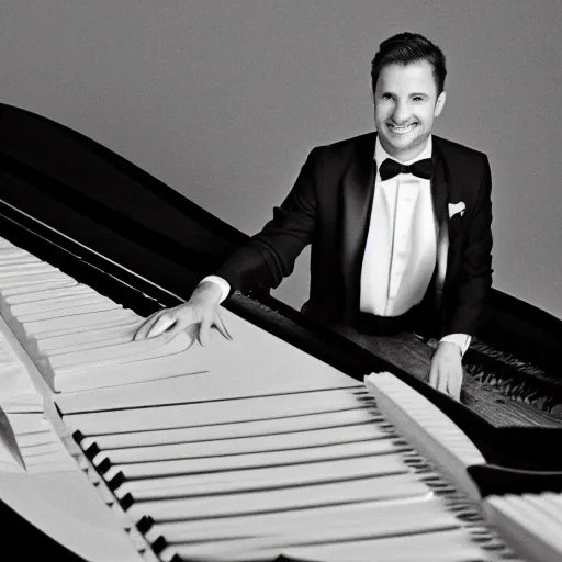 Image similar to a quokka playing on a grand piano, wearing a tuxedo, black and white soft light photograph