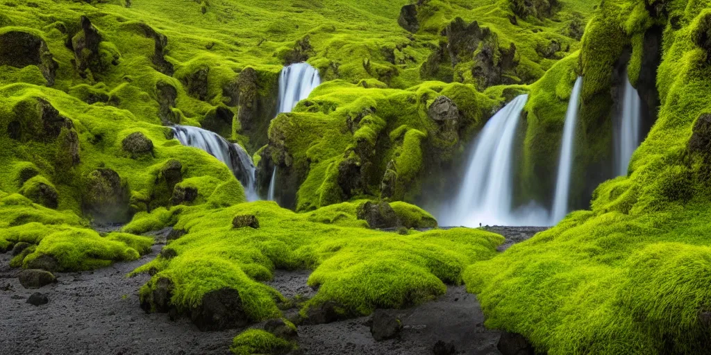 Image similar to photo of a landscape with lush forest, wallpaper, very very wide shot, iceland, new zeeland, green flush moss, national geographic, award landscape photography, professional landscape photography, waterfall, stream of water, hanging flowers, big sharp rock, ancient forest, primordial, sunny, day time, beautiful