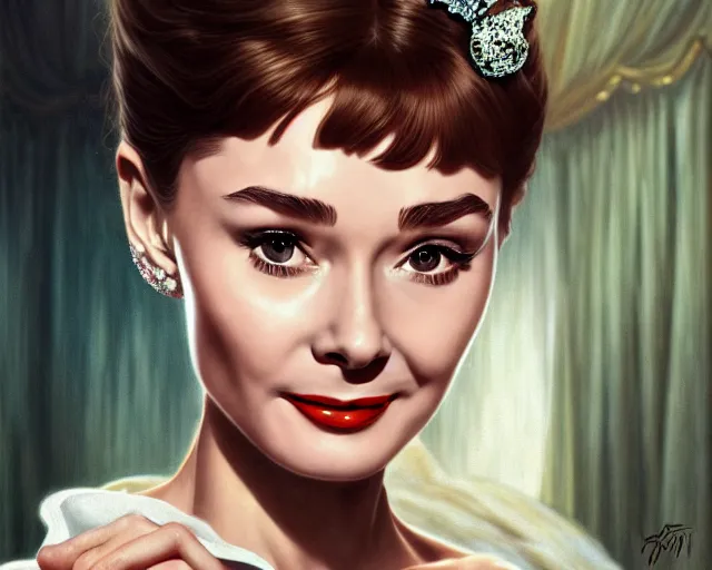 Image similar to photography of audrey hepburn in breakfast at tiffany's, deep focus, intricate, elegant, highly detailed, digital painting, artstation, concept art, matte, sharp focus, illustration, art by artgerm and greg rutkowski and alphonse mucha