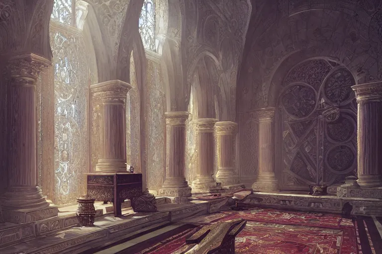 Image similar to byzantine throne room, highly detailed, digital painting, artstation, concept art, sharp focus, illustration, art by artgerm and greg rutkowski