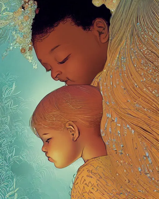 Image similar to a beautiful maiden caressing a baby girl with golden hair, close up, digital art, illustrated by james gurney and victo ngai