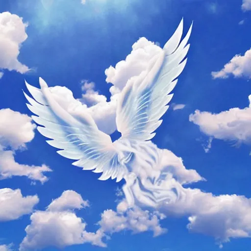 Image similar to bright blu sky. fluffy clouds. angels with big wings wake - up