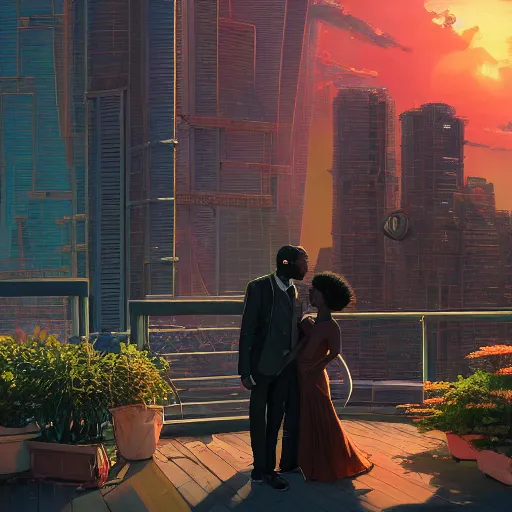 Prompt: highly detailed portrait of a black couple on the rooftop at sunset, synthwave city, stephen bliss, unreal engine, fantasy art by greg rutkowski, loish, rhads, ferdinand knab, makoto shinkai and lois van baarle, ilya kuvshinov, rossdraws, tom bagshaw, global illumination, radiant light, detailed and intricate environment