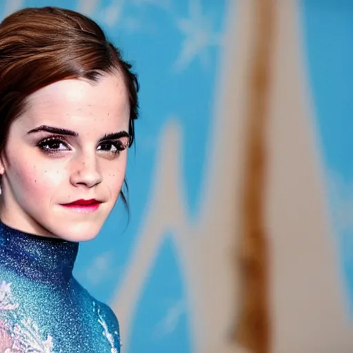 Prompt: Emma Watson the Queen of Ice Castle, highest detail