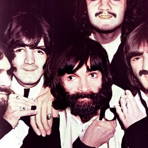 Image similar to charles manson singing with the beatles, portrait, high quality photography, realistic, detailed, uncropped, face detail,