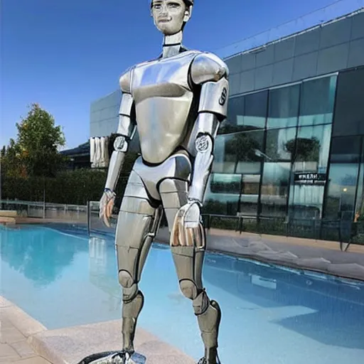 Image similar to a realistic detailed photo of a guy who is an attractive humanoid who is half robot and half humanoid, who is a male android, soccer player timo werner, shiny skin, posing like a statue, blank stare, by the pool, on display, showing off his muscles, humanoid robot, frozen ice statue, made of ice