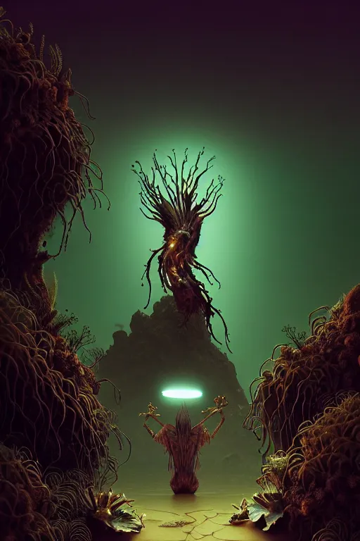 Image similar to dead god bioluminescent creature in a desert lush vegetation, warm tones, night, water reflection : : by michal karcz, daniel merriam, victo ngai and guillermo del toro : : ornate, dynamic, particulate, intricate, elegant, highly detailed, centered, artstation, smooth, sharp focus, octane render, 3 d