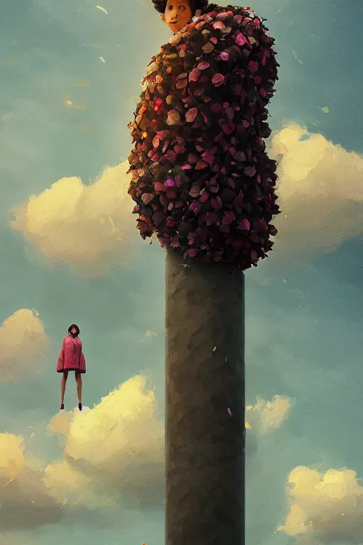 Prompt: portrait, giant flower head, girl standing on a pillar, surreal photography, wind and cold, dramatic sky, impressionist painting, digital painting, artstation, simon stalenhag