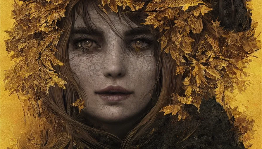 Prompt: golden leaves at frame border, creative!!! composition for a book cover!!!, absurdly beautiful, ultrafine hyperrealistic detailed old!! witch face by wlop and max liebermann and albert bierstadt, intricate linework, sharp focus, smooth, octopath traveler, final fantasy, unreal engine, dramatic lighting, ethereal, 8 k