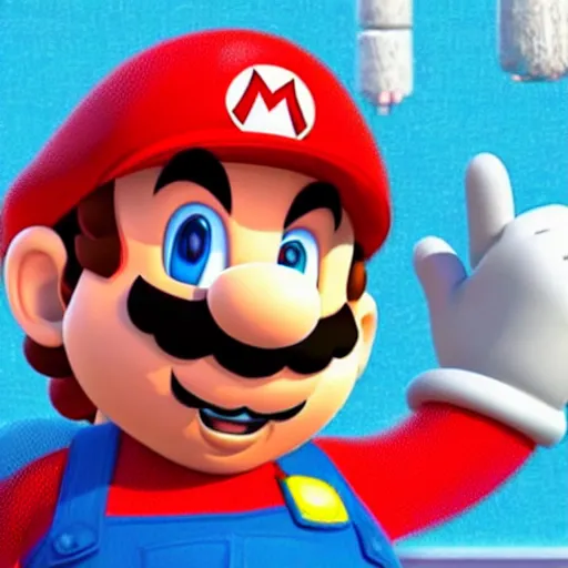 Prompt: extremely zoomed-in photo of Super Mario crying, wiping tears away from his eyes