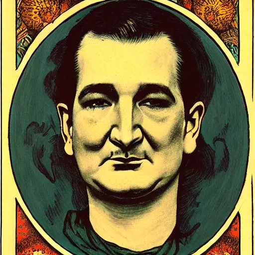 Prompt: ted cruz portrait by louis - theophile hingre, zodiac, tarot cards, planets, ethereal, art nouveau