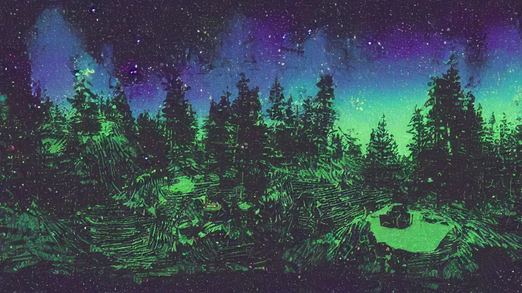 Image similar to a night sky, dark enclosed, winding hillside path!!!!!!, cozy, campfire, ((((aurora)))), quiet forest night scene, spangle, starlight 4k haunted psychedelic VHS glitch mixed media in the style of Hiroshi Yoshida and bill sienkiewicz