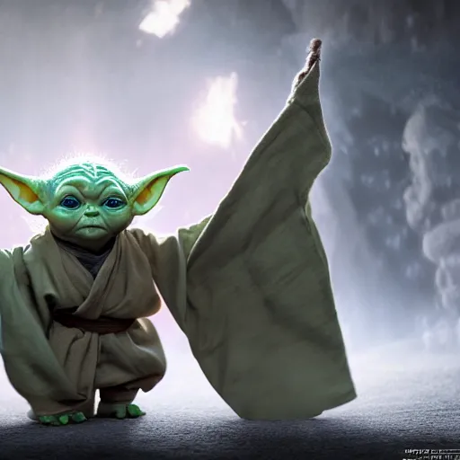 Image similar to full body pose, hyperrealistic photograph of baby yoda dressed as a wizard, dim volumetric lighting, 8 k, octane beautifully detailed render, extremely hyper detailed, intricate, epic composition, cinematic lighting, masterpiece, trending on artstation, very very detailed, stunning, hdr, smooth, sharp focus, high resolution, award, winning photo, dslr, 5 0 mm