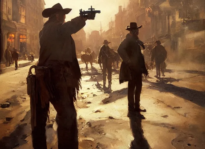 Image similar to oil painting of old rugged cowboy in wild west street, shooting revolver, shoot gun, gun smoke, art by anders zorn, wonderful masterpiece by greg rutkowski, beautiful cinematic light, american romanticism by greg manchess, reflections in copper, sunlight, dust and steam