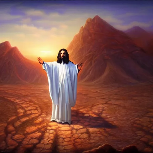 Image similar to an Artstation 3d render of Very very very very highly detailed beautiful mystic oil painting of jesus in the desert, intricate, extremely detailed, digital painting, artstation, concept art, smooth, sharp focus, illustration, intimidating lighting, incredible art,