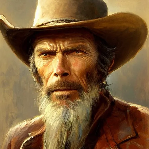 Image similar to Solomon Joseph Solomon and Richard Schmid and Jeremy Lipking victorian genre painting portrait painting of Clint Eastwood a rugged cowboy gunfighter old west character in fantasy costume, rust background