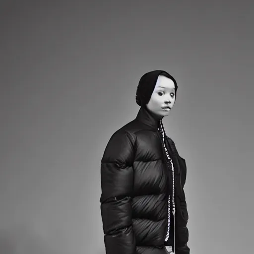 Image similar to realistic photoshooting for a new issey miyake lookbook, color film photography, portrait of a beautiful woman, model is wearing a asymetrical puffer jacket, photo in style of tyler mitchell, 3 5 mm,