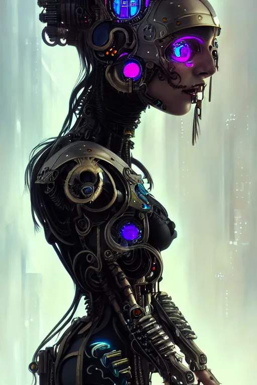 Image similar to portrait of beautiful young gothic cyborg maiden, cyberpunk, Warhammer, highly detailed, artstation, illustration, art by Gustav Klimt