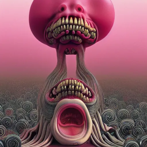 Image similar to pink scream by takashi murakami and zdzisław beksiński, 3d render, octane render, intricately detailed artwork, full 8k high quality resolution, recently just found unknown masterpiece