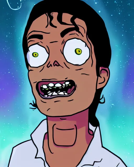 Image similar to portrait of michael jackson in the style of justin roiland. cinematic lighting. style of rick & morty. photographic, photography. by justin roiland